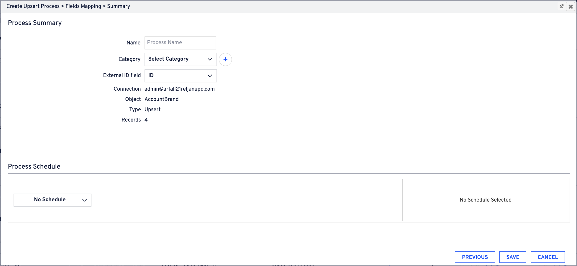 Process summary screen