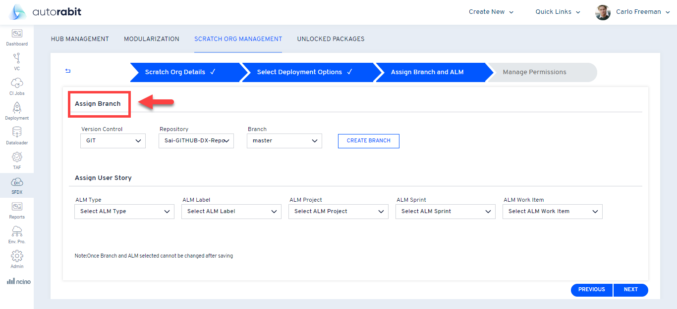 Assign Branch section