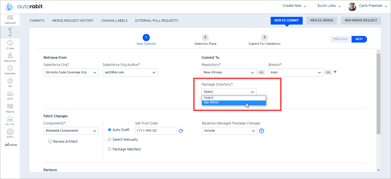 Package Directory dropdown in EZ-Commit