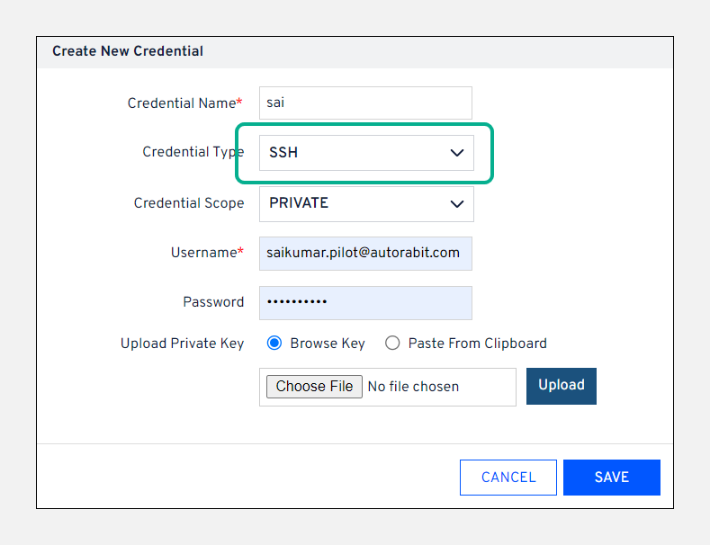 SSH credential form with key upload