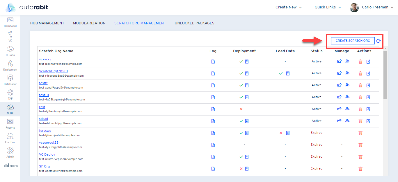 Create Scratch Org button