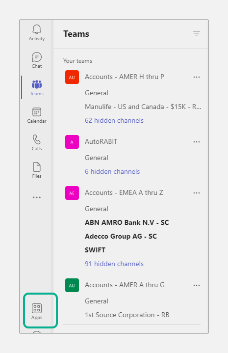 Microsoft Teams interface highlighting the Apps icon