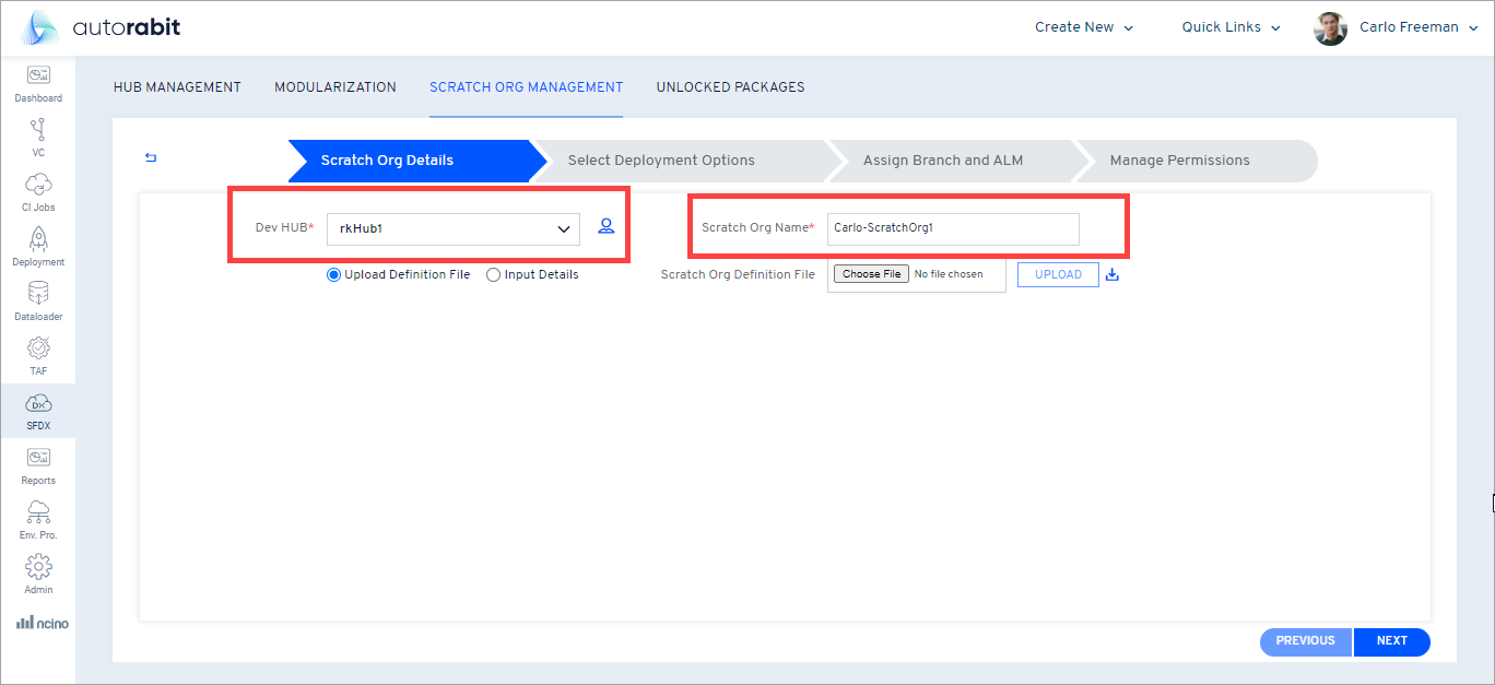 Dev Hub and Scratch Org name fields
