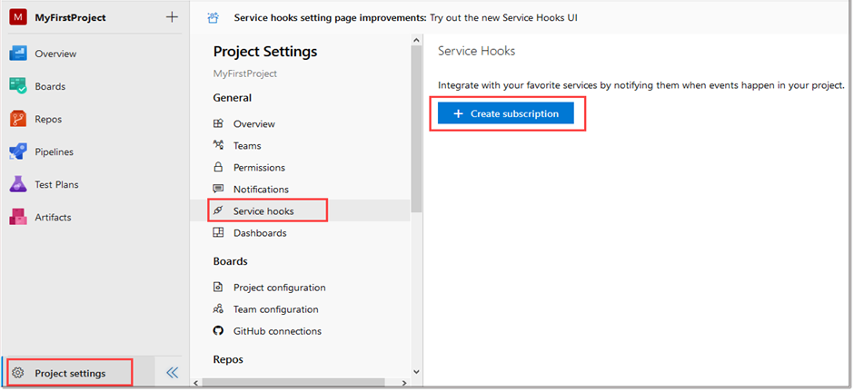 Service Hooks settings page in Visual Studio Git