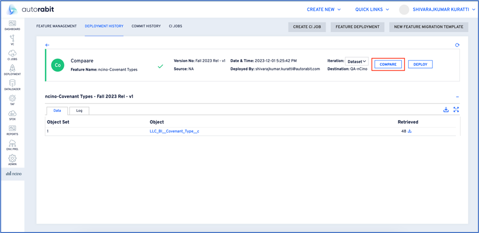Compare button inside deployment view